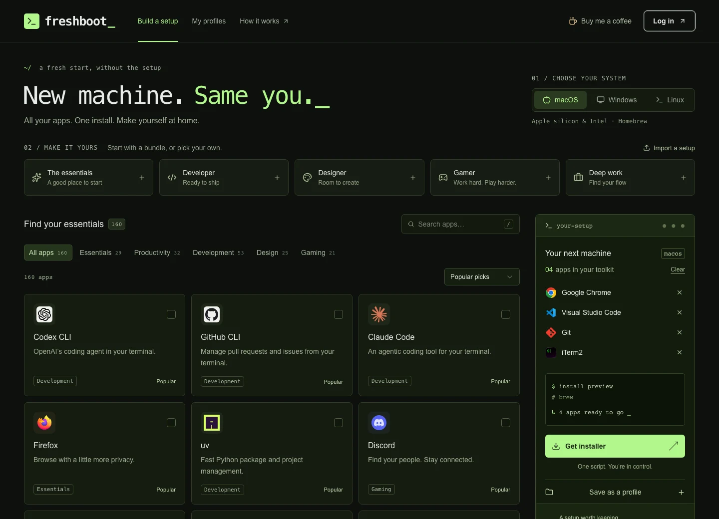 Freshboot app picker with operating system tabs, a searchable app library and a personal setup panel.