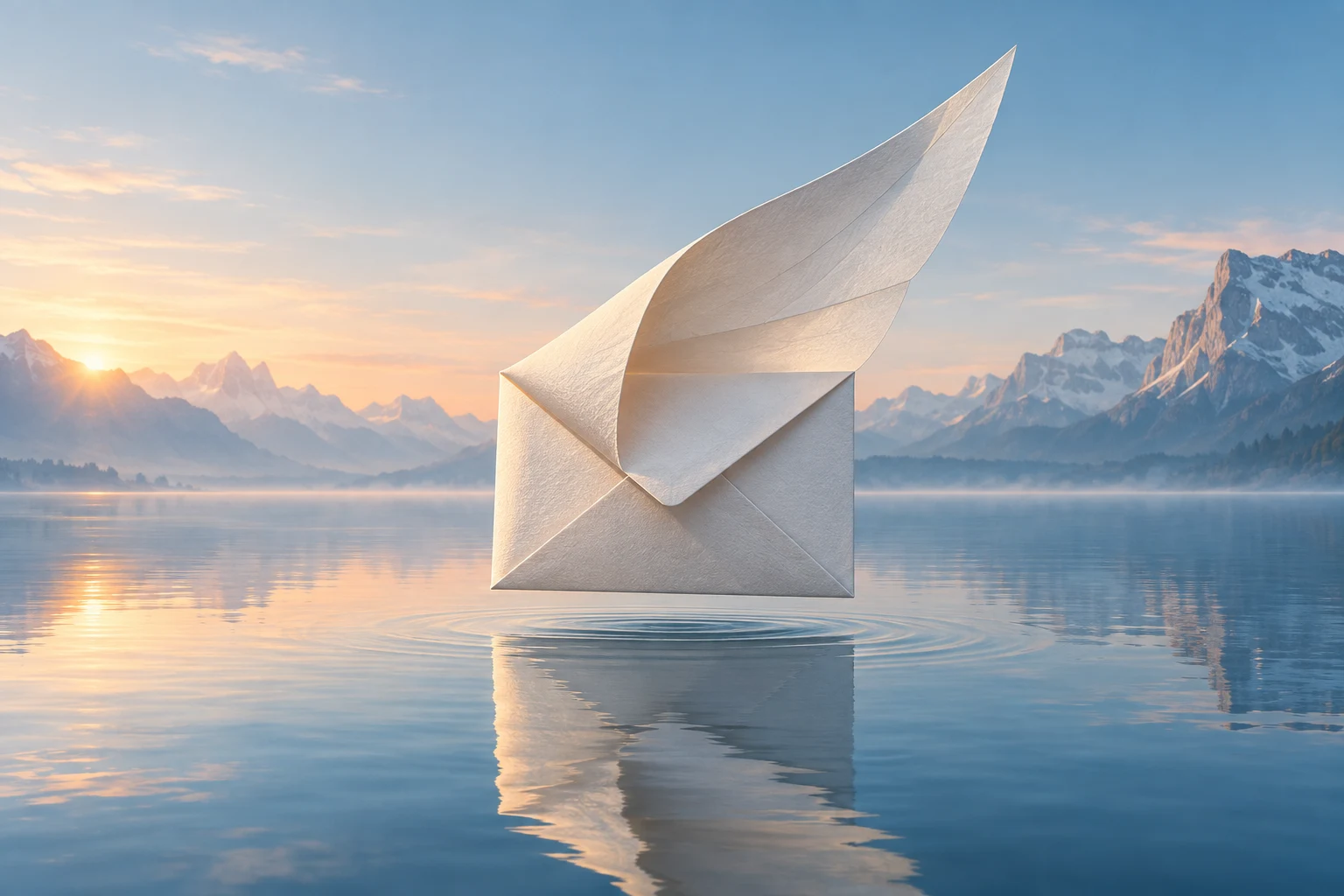 A paper envelope unfolding above a still blue lake — Quiet’s original artwork.